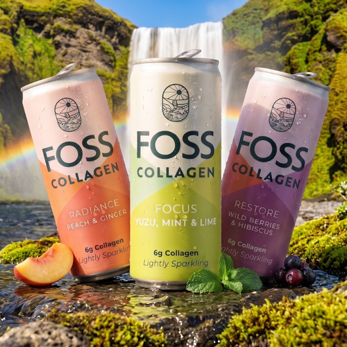 Three FOSS Collagen beverage cans are arranged on a mossy stream in front of a waterfall. The cans have peach, yellow-green, and purple gradient designs with product names Radiance Peach & Ginger, Focus Yuzu, Mint & Lime, and Restore Wild Berries & Hibiscus.