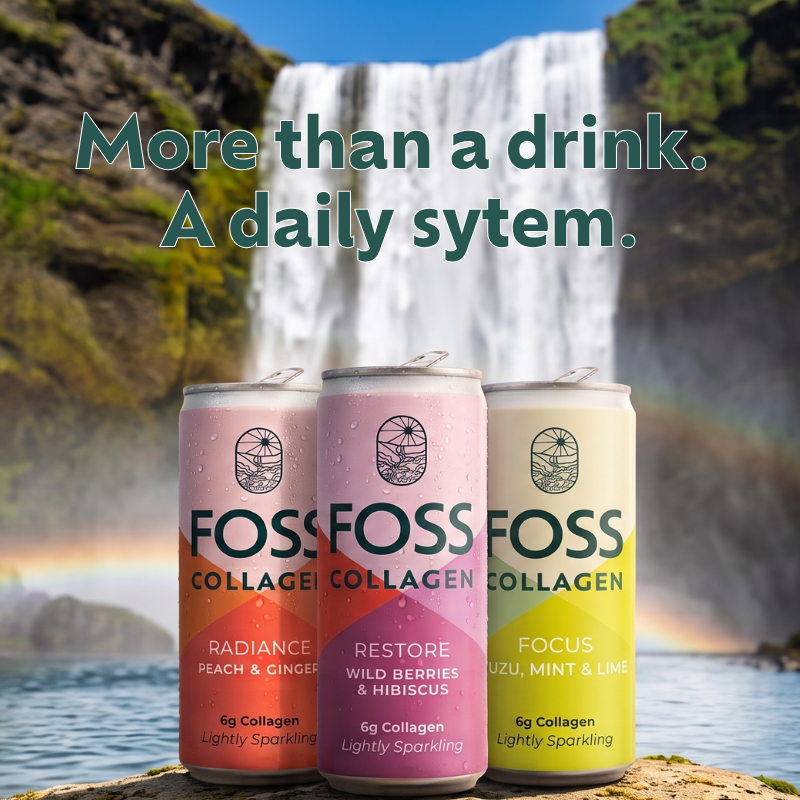 Three Foss Collagen beverage cans are shown in front of a waterfall landscape. The cans are labeled Radiance (peach and ginger), Restore (wild berries & hibiscus), and Focus (yuzu, mint & lime), with the text 'More than a drink.